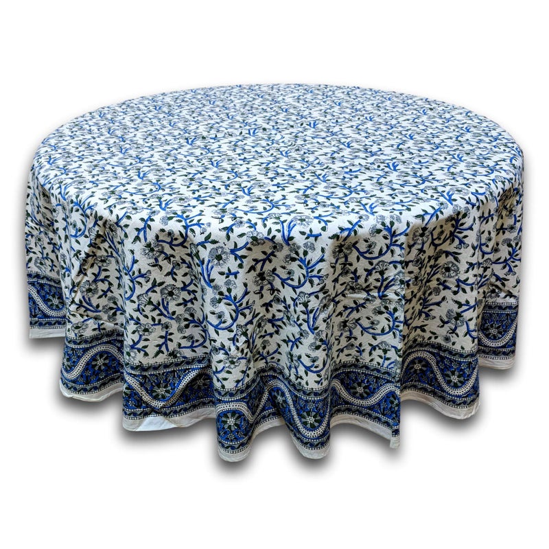 India Arts Hand Block Print Floral Tablecloth Round Cotton Table Linen Beach Sheet Beach Throw (Blue, Round 72 inches) - Image 1